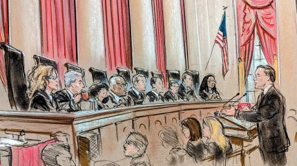 Sketch of a man in spectacles arguing before a full bench. Justice Barrett sports blue glasses, and Justice Gorsuch drinks coffee from an orange mug.
