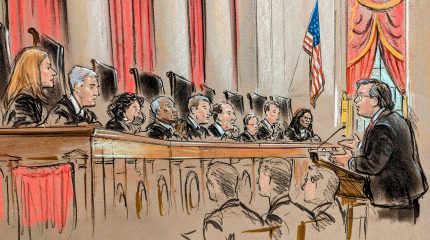 Sketch of a man in glasses responding to a question from Justice Barrett.