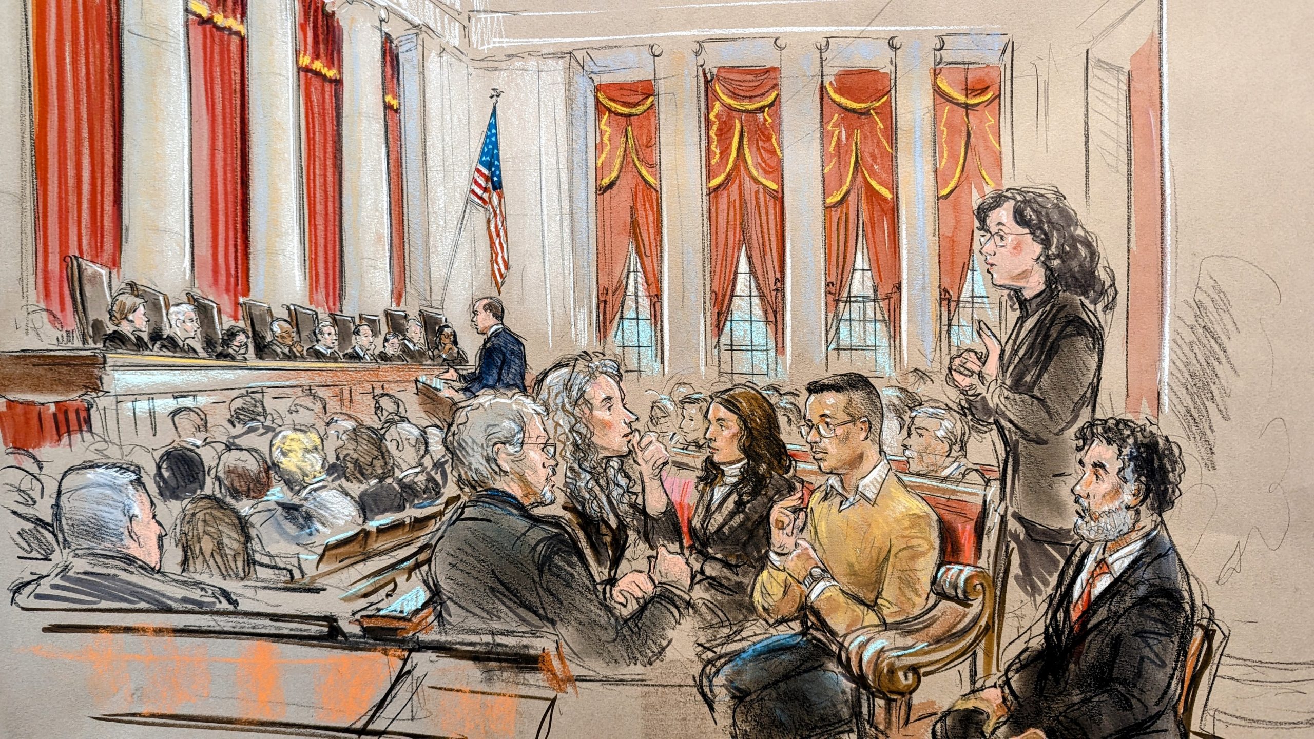 Sketch of the courtroom focusing on Miguel Perez, petitioner, and the four sign-language interpreters that surround him.