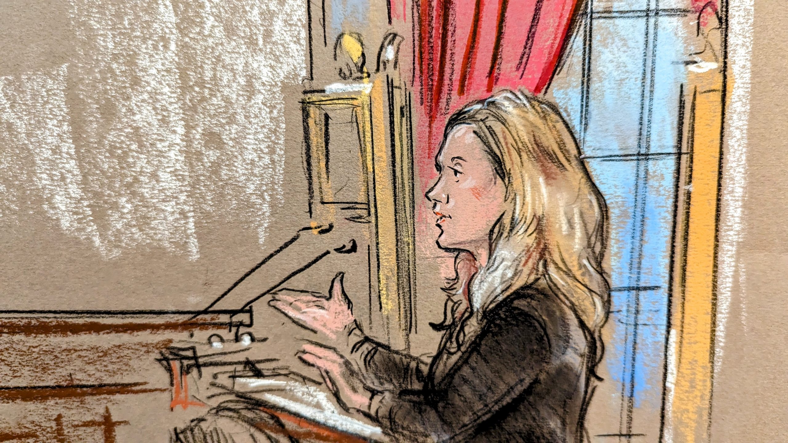 Sketch of a woman arguing at the podium.