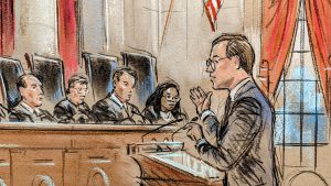 Sketch of a man in glasses arguing at the podium