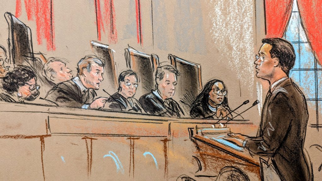 Sketch of Justice Roberts questioning the attorney at the podium.