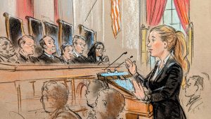 Sketch of a woman arguing at the podium.