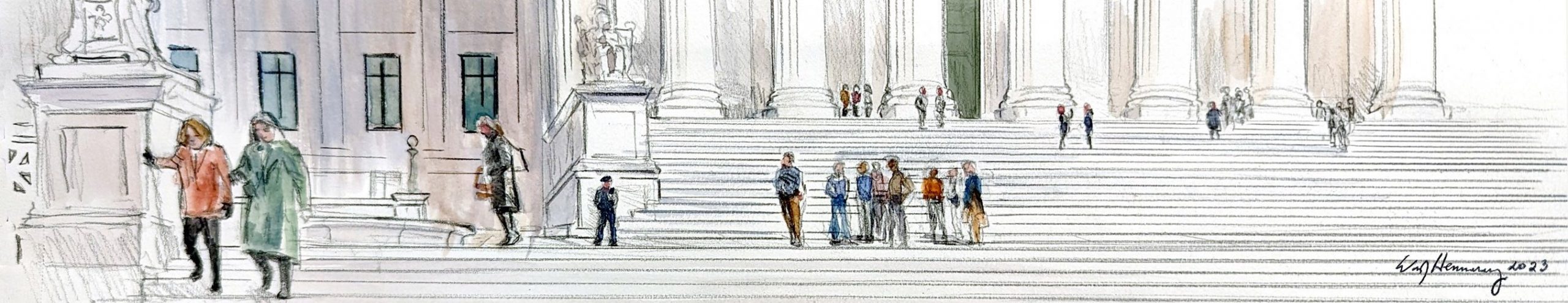 artist's sketch of people in winter coats gathering in small groups on the front steps of the supreme court