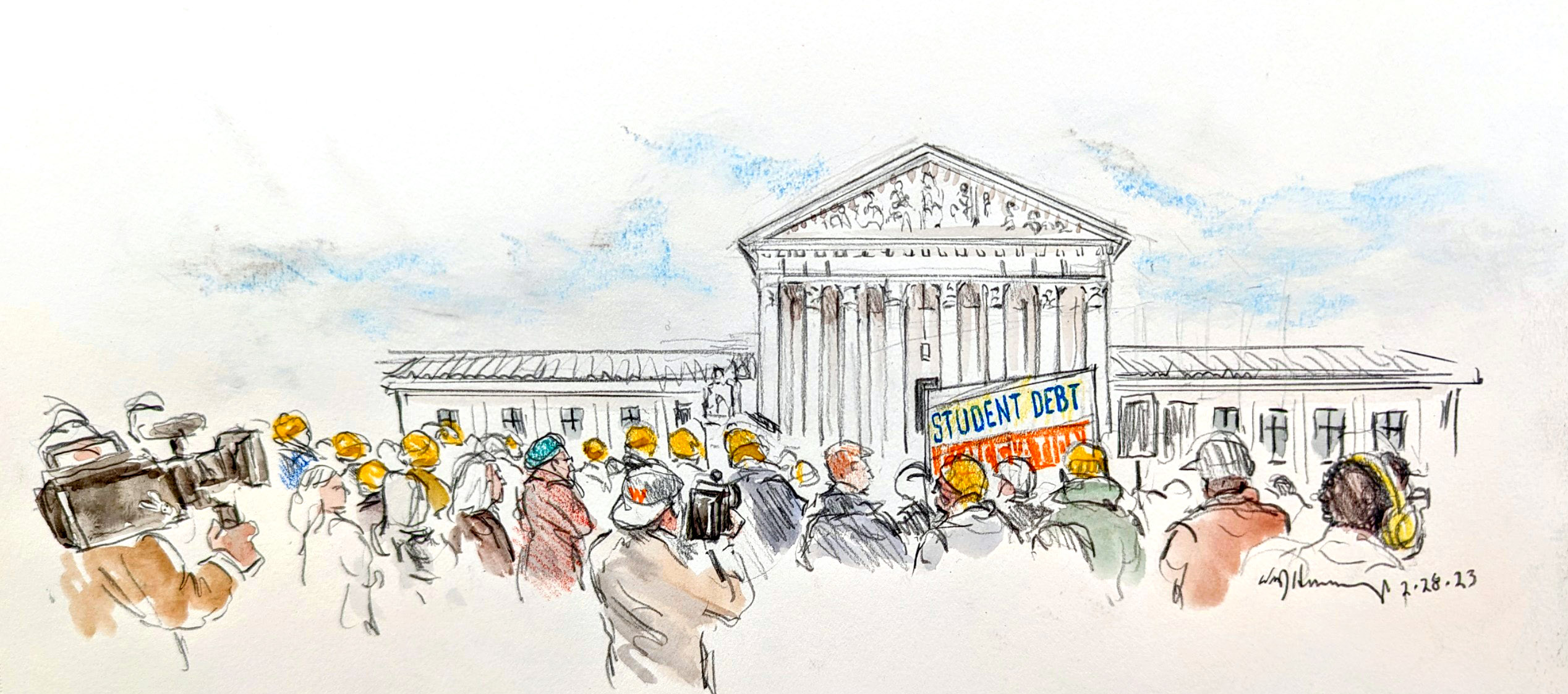 Artist’s sketch of protesters and camera operators outside the Supreme Court. A sign reads "Student Debt."