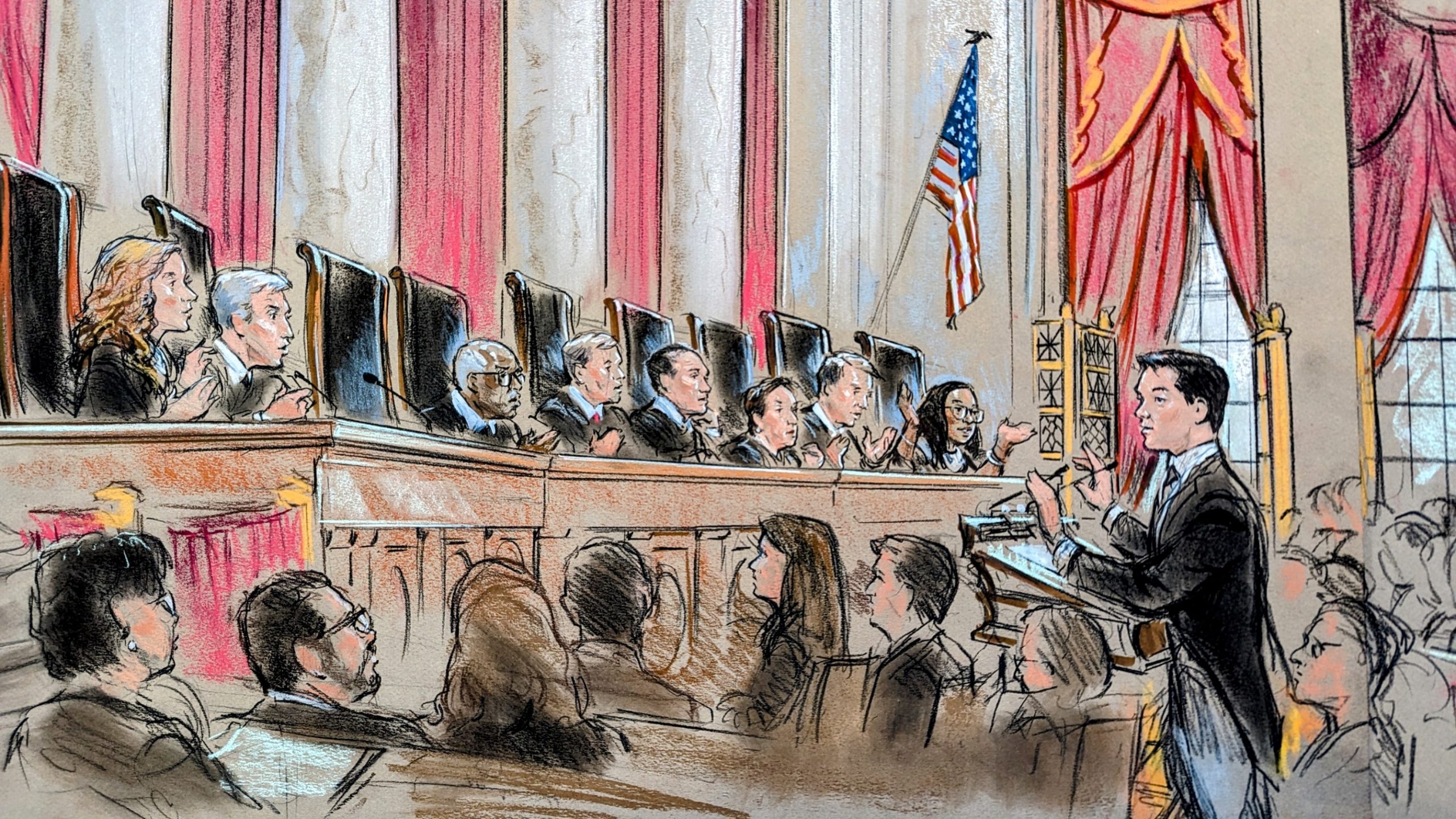 Sketch of man in a dark, long suit arguing before the justices. Justice Sotomayor's chair sits empty.