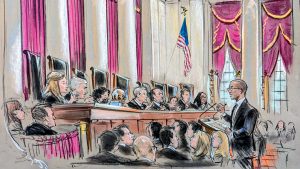 Sketch of the courtroom as the bespectacled man at the podium exchanges words with Justice Barrett.