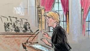 Sketch of woman in glasses arguing at the podium.