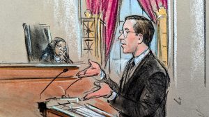 Sketch of man in glasses arguing at the podium.