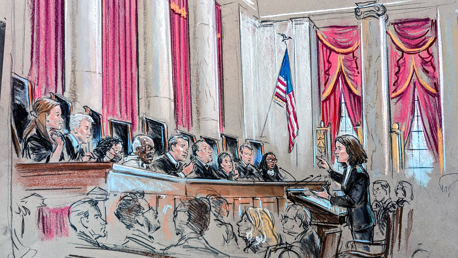 Woman speaking at lectern in full courtroom