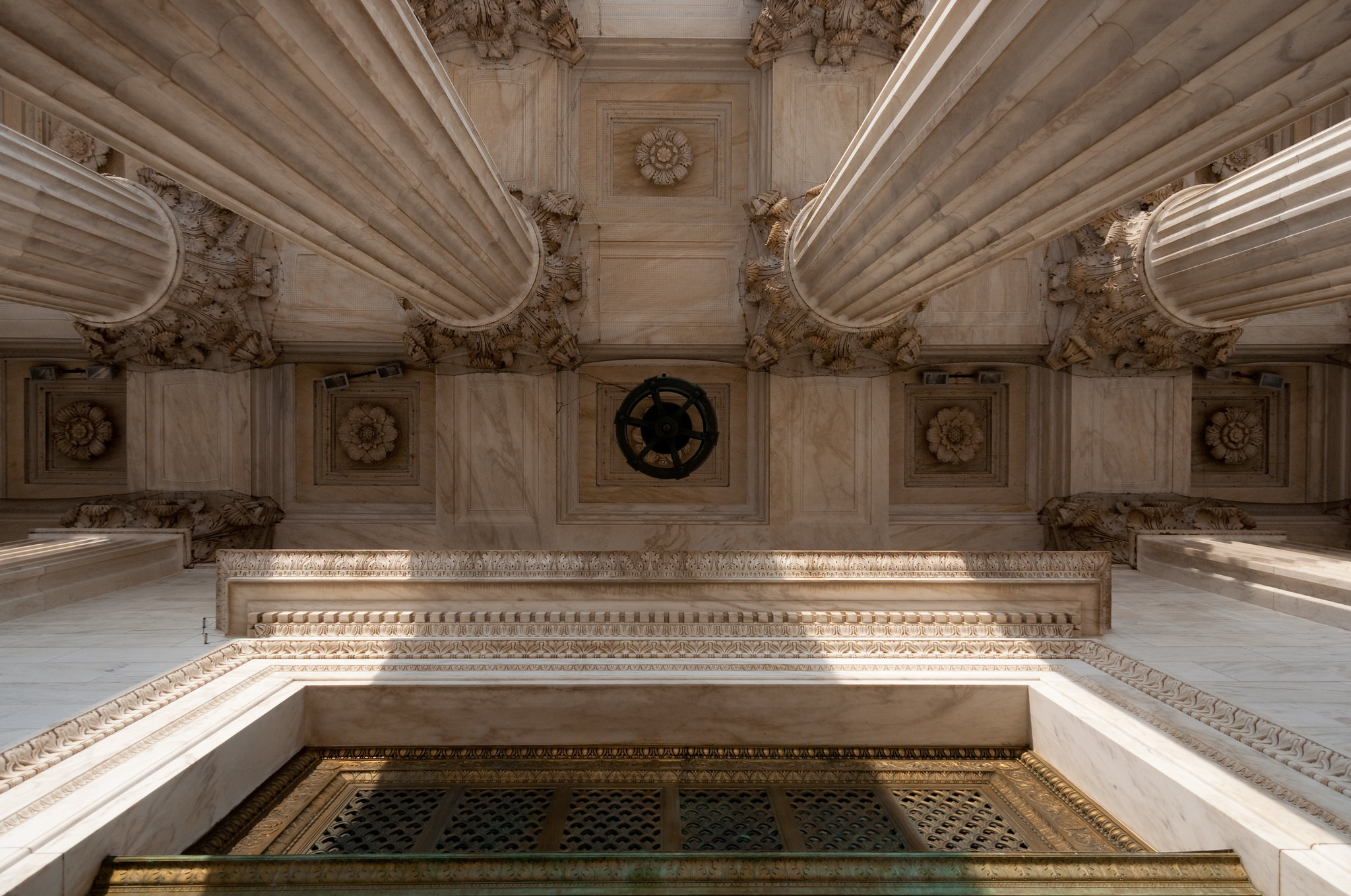 Looking up at the marble roof of the Supreme Court porch