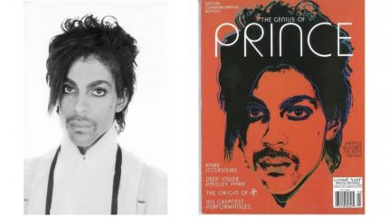 A photograph of the musician Prince and a print made by Andy Warhol based on that photo.