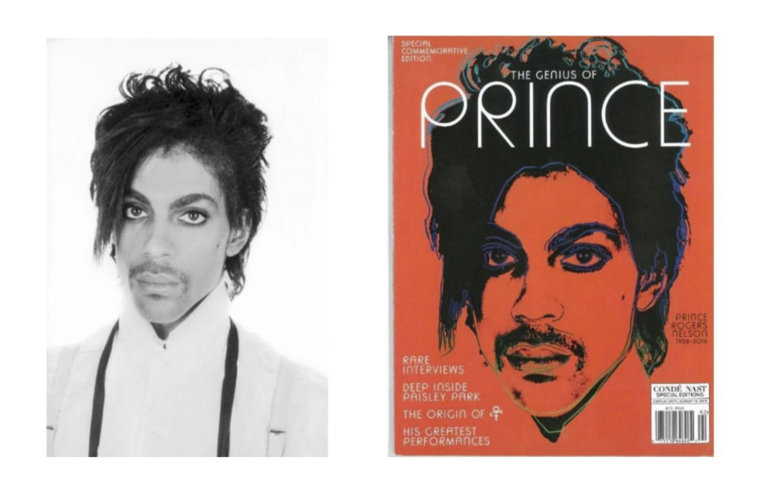 A photograph of the musician Prince and a print made by Andy Warhol based on that photo.