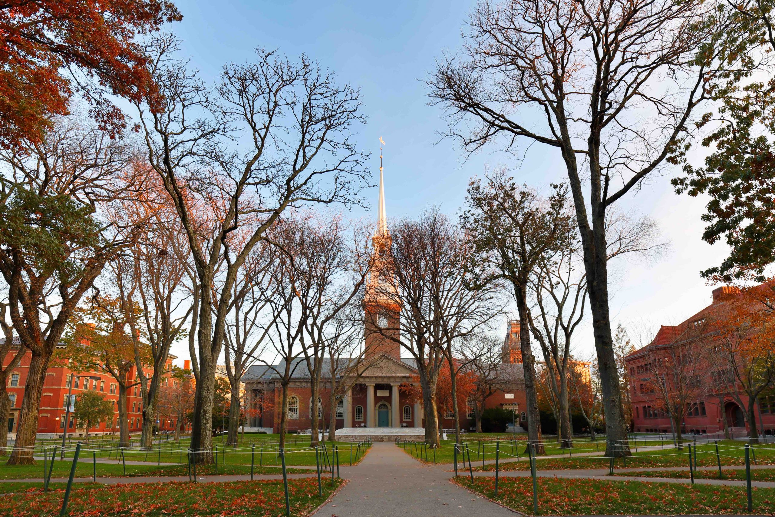 Church and trees in fall on college campus