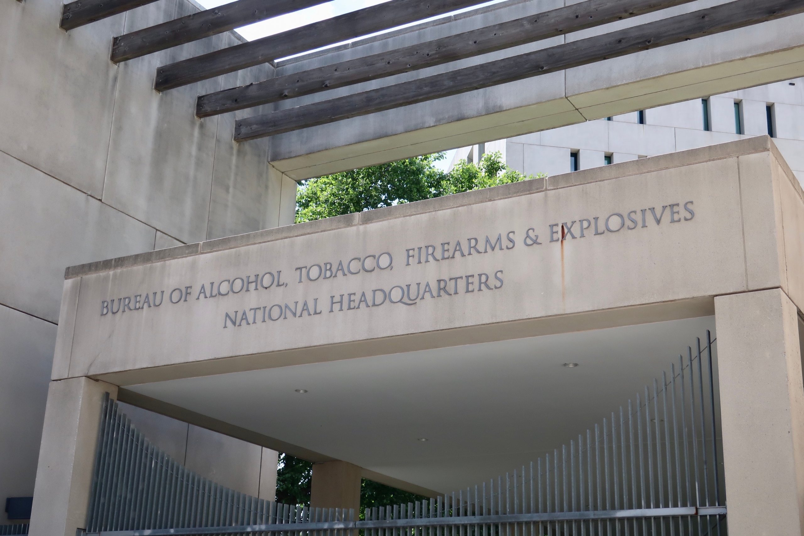 Cement building with Bureau of Alco،l, Tobacco, Firearms and Explosives sign