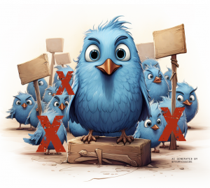 Twitter birds holding signs with some of them crossed out.