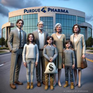 Une famille debout devant un immeuble avec le panneau Purdue Pharma