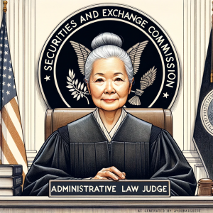 Judge sitting before Securities and Exchange Commission emblem 