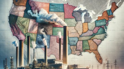 Power plants burning over a map of the continental United States