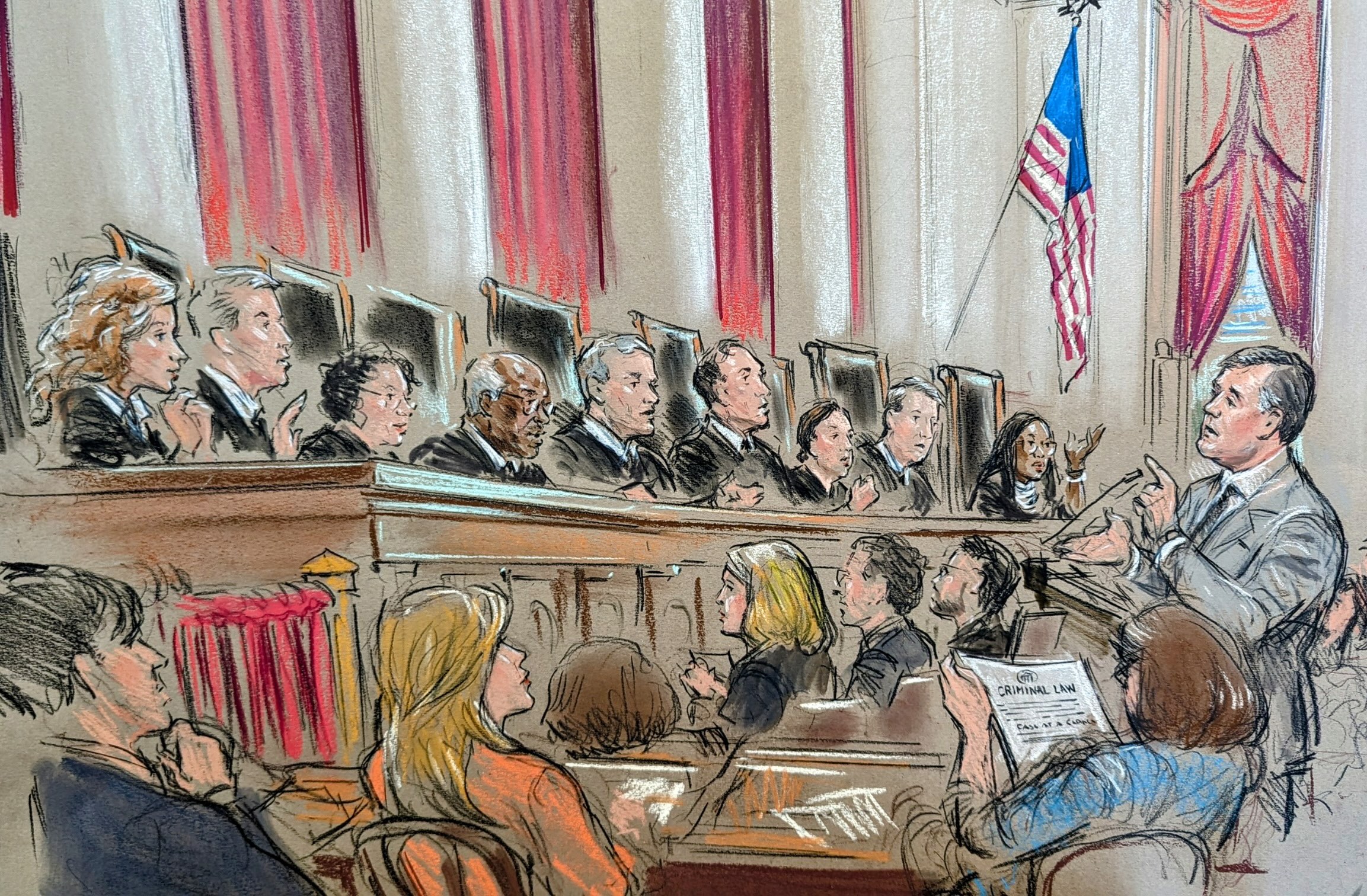 L'homme plaide devant une salle d'audience complète et un banc de 9 juges.