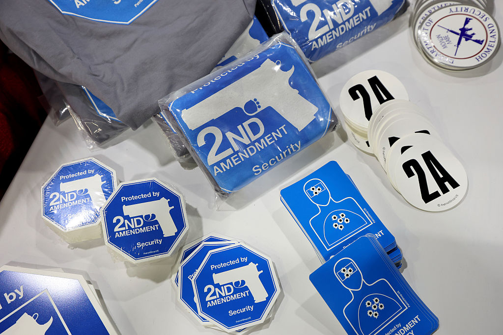 2nd Amendment stickers sit on a table at the 2025 NRA Annual Meetings
