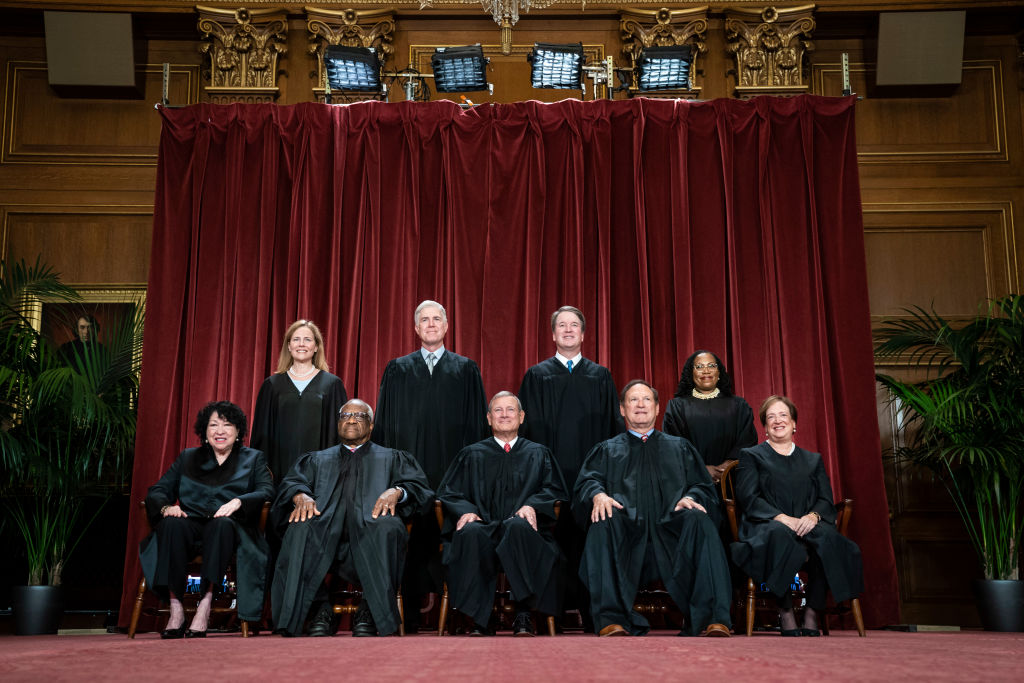 Washington, DC - October 7 : Members of the Supreme Court sit for a group photo following the recent addition of Associate Justice Ketanji Brown Jackson, at the Supreme Court building on Capitol Hill on Friday, Oct 07, 2022 in Washington, DC. Bottom row, from left, Associate Justice Sonia Sotomayor, Associate Justice Clarence Thomas, Chief Justice of the United States John Roberts, Associate Justice Samuel Alito, and Associate Justice Elena Kagan. Top row, from left, Associate Justice Amy Coney Barrett, Associate Justice Neil Gorsuch, Associate Justice Brett Kavanaugh, and Associate Justice Ketanji Brown Jackson.